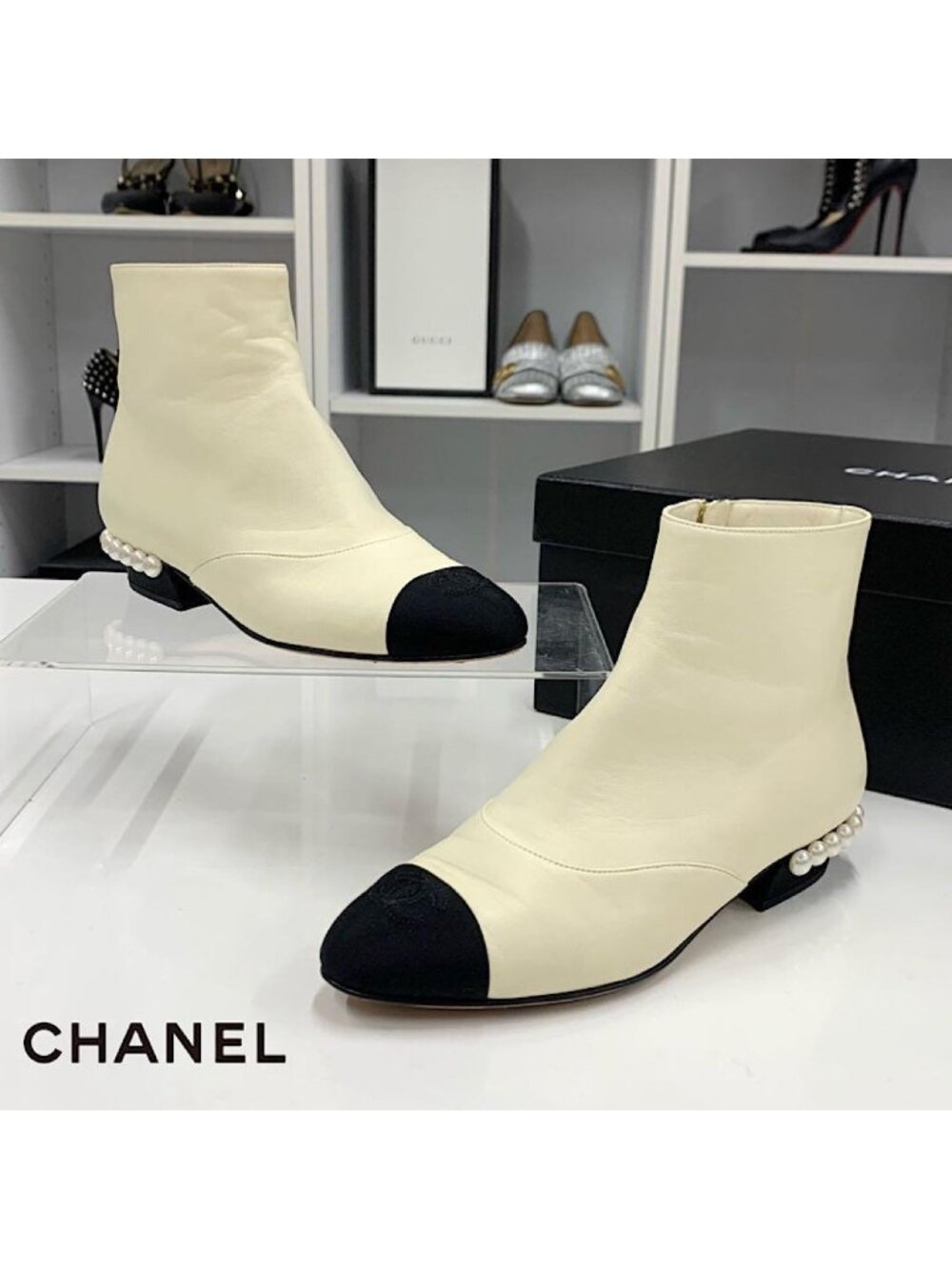 Chanel Leather Fabric Pearl CC Logo Short Boots Ivory